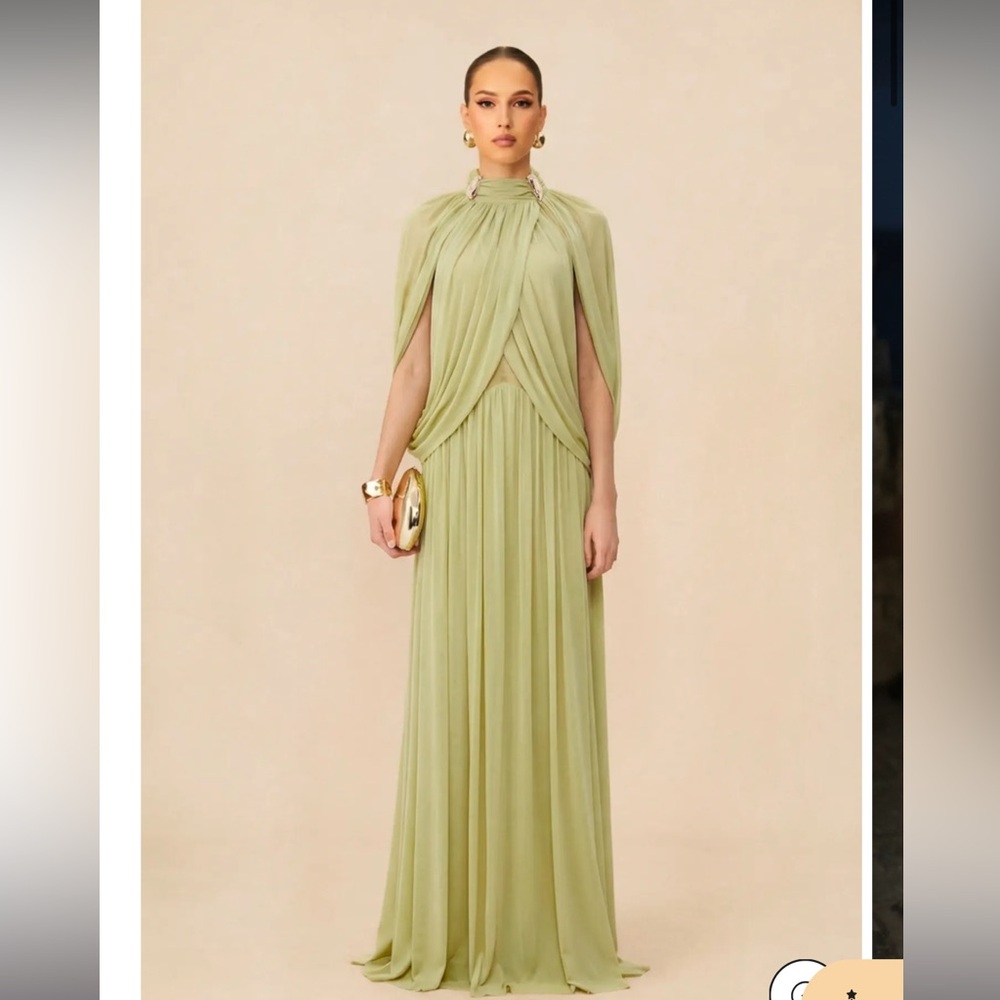 Elegant Sage Green Pleated Cape Maxi Dress drape